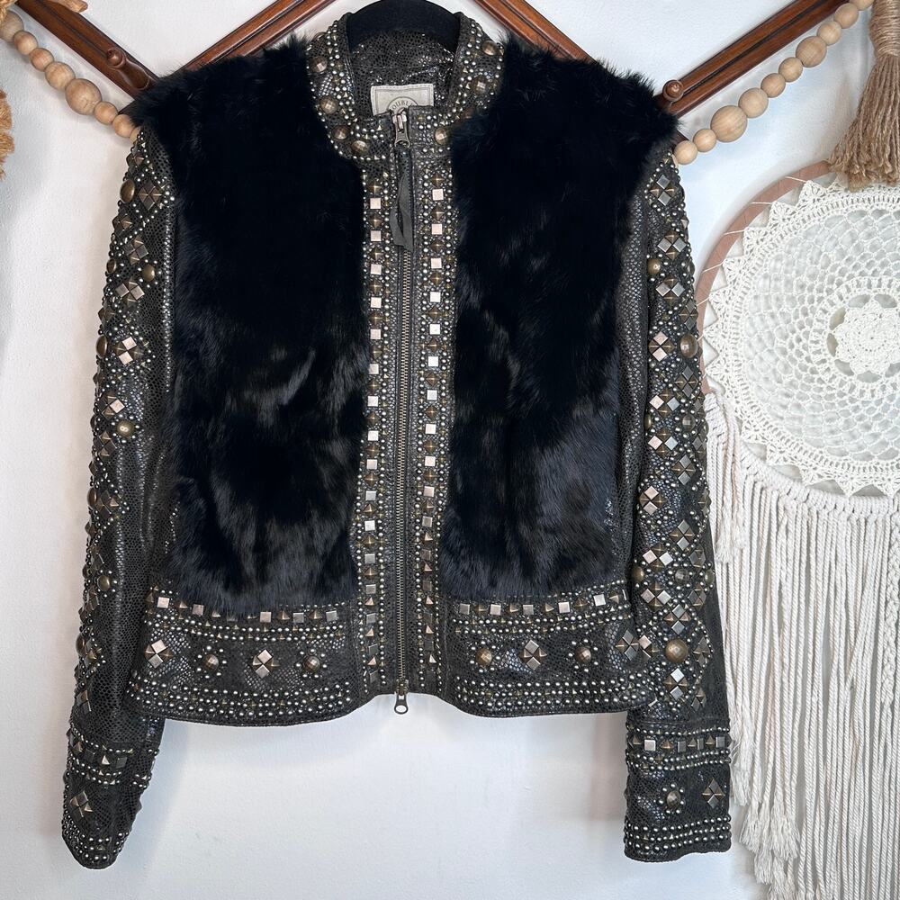 RARE Double D Ranch Rabbit Fur Leather Studded Full Zip Jacket